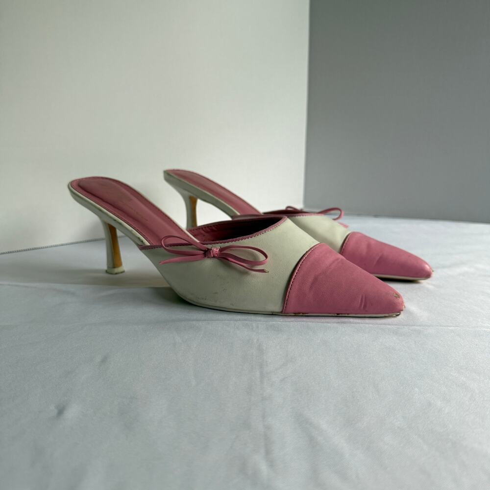 Olivia Jorgenson Pink White Bow Pointed Toe Mules 8.5 Y2K Heels Cute Coquette